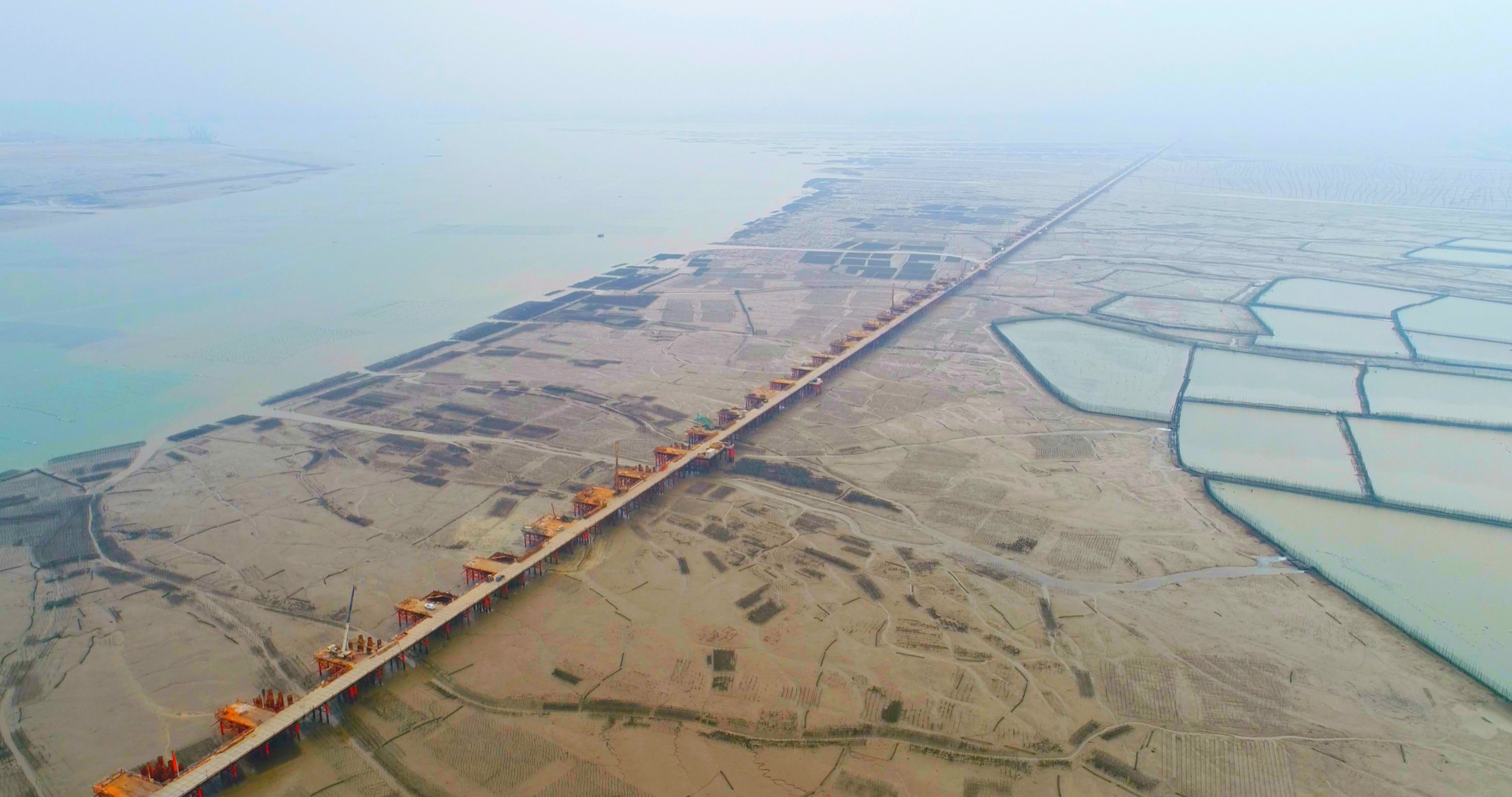 Elevated modular steel bridge construction across a shallow, muddy body of water, showing adaptability to complex terrains and marine environments